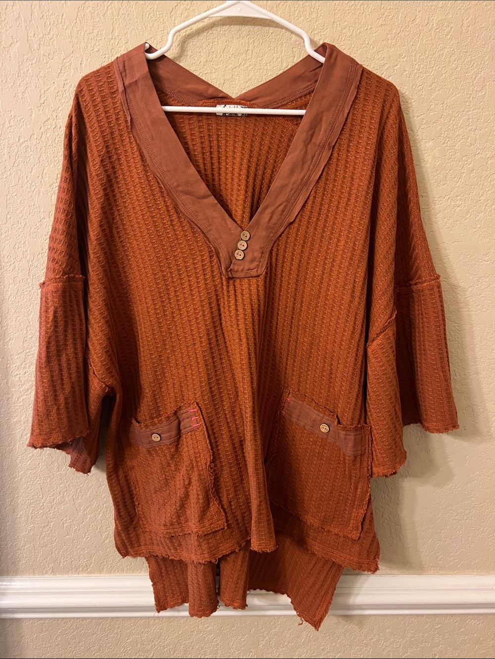 Free People Rust Orange Waffle Knit V-Neck Tunic